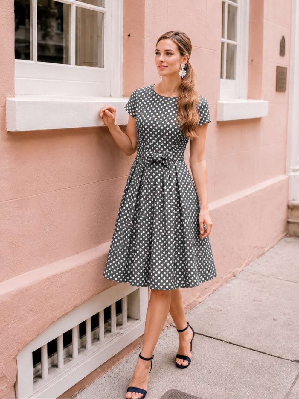 Gal Meets Glam Amy Polka Dot Jacquard Fit & Flare Bow Dress Size 2